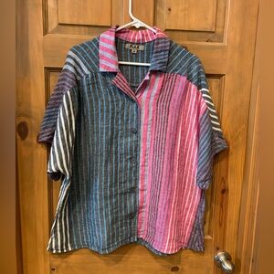 FLAX Multicolor Linen Striped Short Sleeve Shirt, Medium, Oversized
